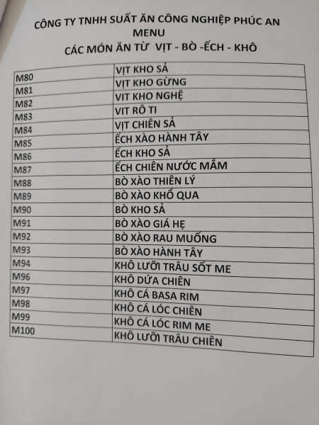 Thực đơn - Suất Ăn Công Nghiệp Phúc An - Công Ty TNHH Suất Ăn Công Nghiệp Phúc An